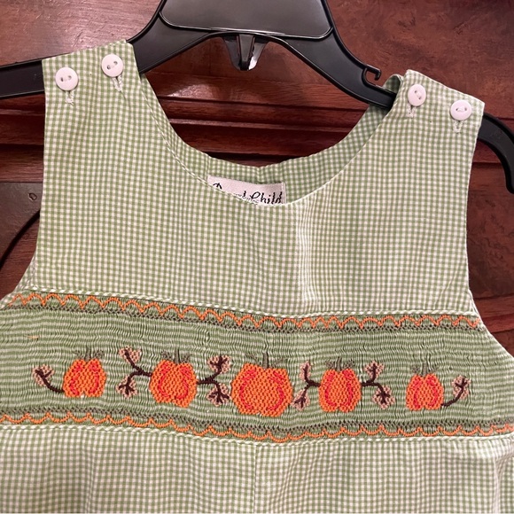 Royal Child 18M Smocked romper light green check/gingham pattern with pumpkins - Picture 12 of 13